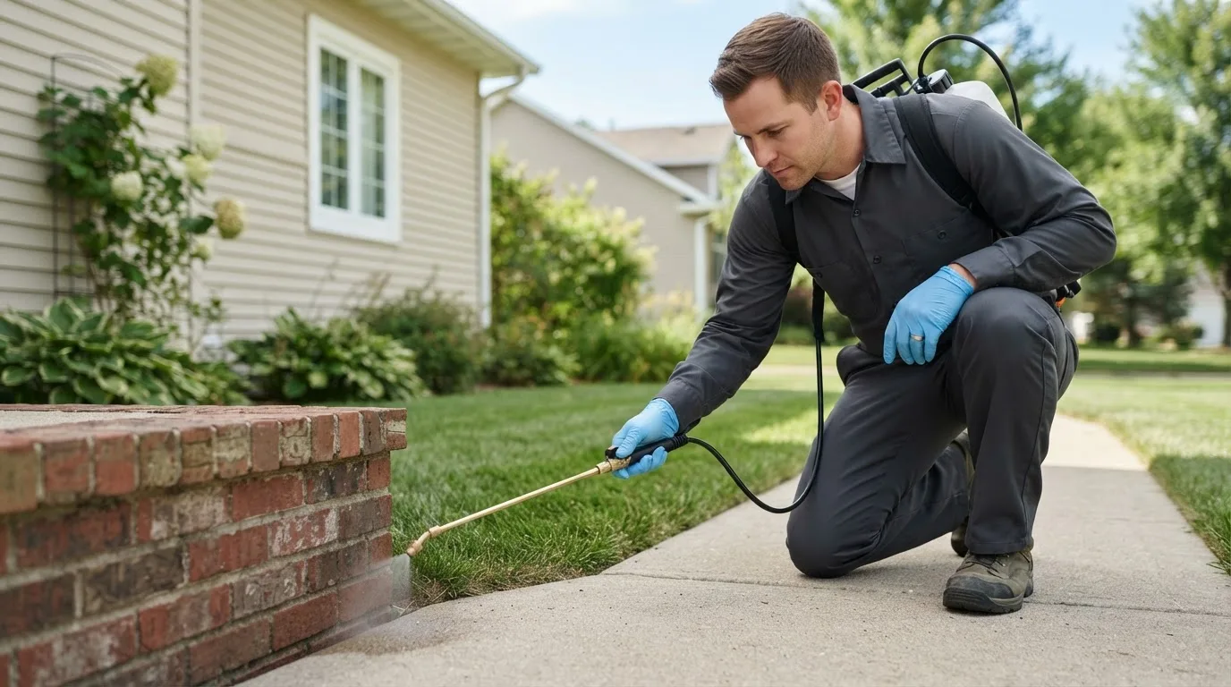 Pest control technician treating a home near Monticello, GA